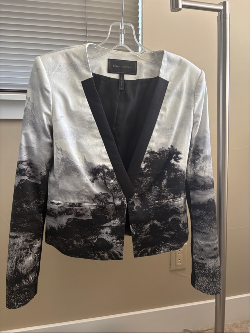 Bcbgmaxazria Silver And Black Scenic Print Blazer | S